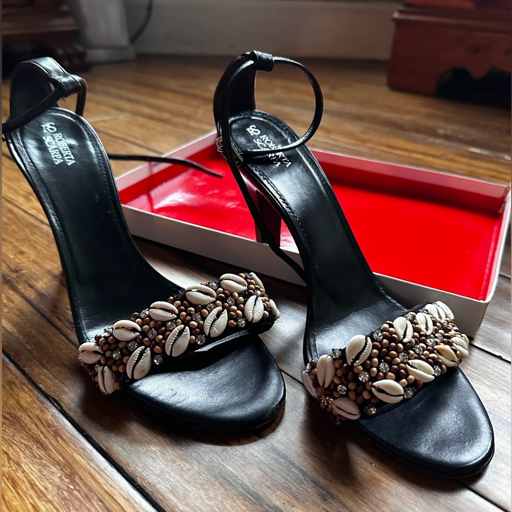 Italian Roberta Scarpa Black Stiletto Heel Sandals with Shell Crystal Accents